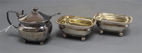 A George III silver mustard pot, London, 1806, with glass liner(chipped) and associated spoon & pr of salts.